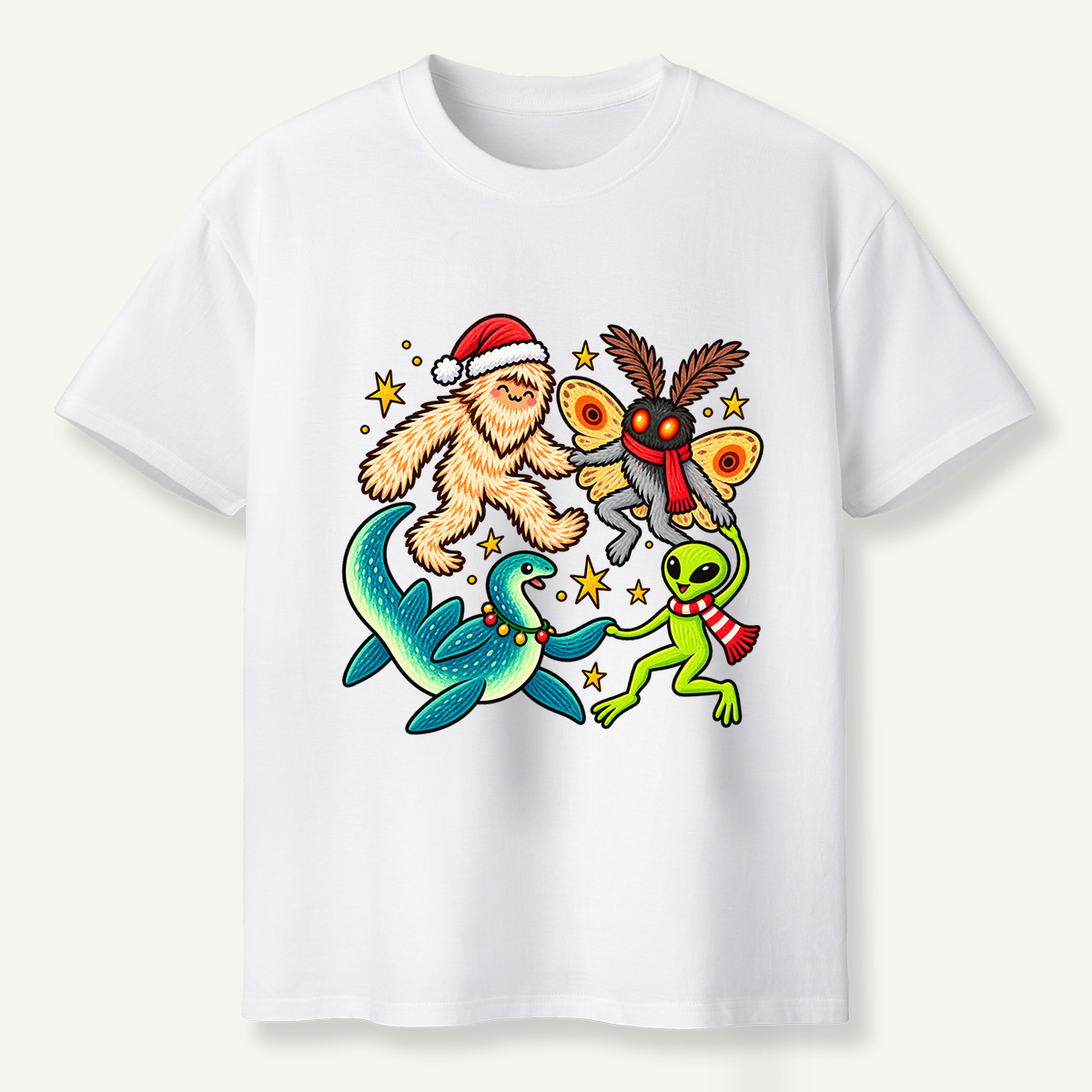 Christmas Cryptid Party Bigfoot Mothman Nessie And Alien T-Shirt