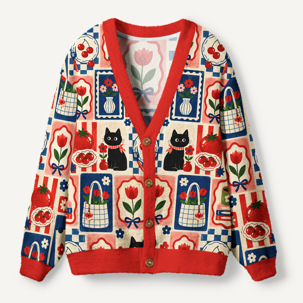 Retro Black Cats Flowers And Cozy Everyday Life Collage Ugly Cardigan Sweaters