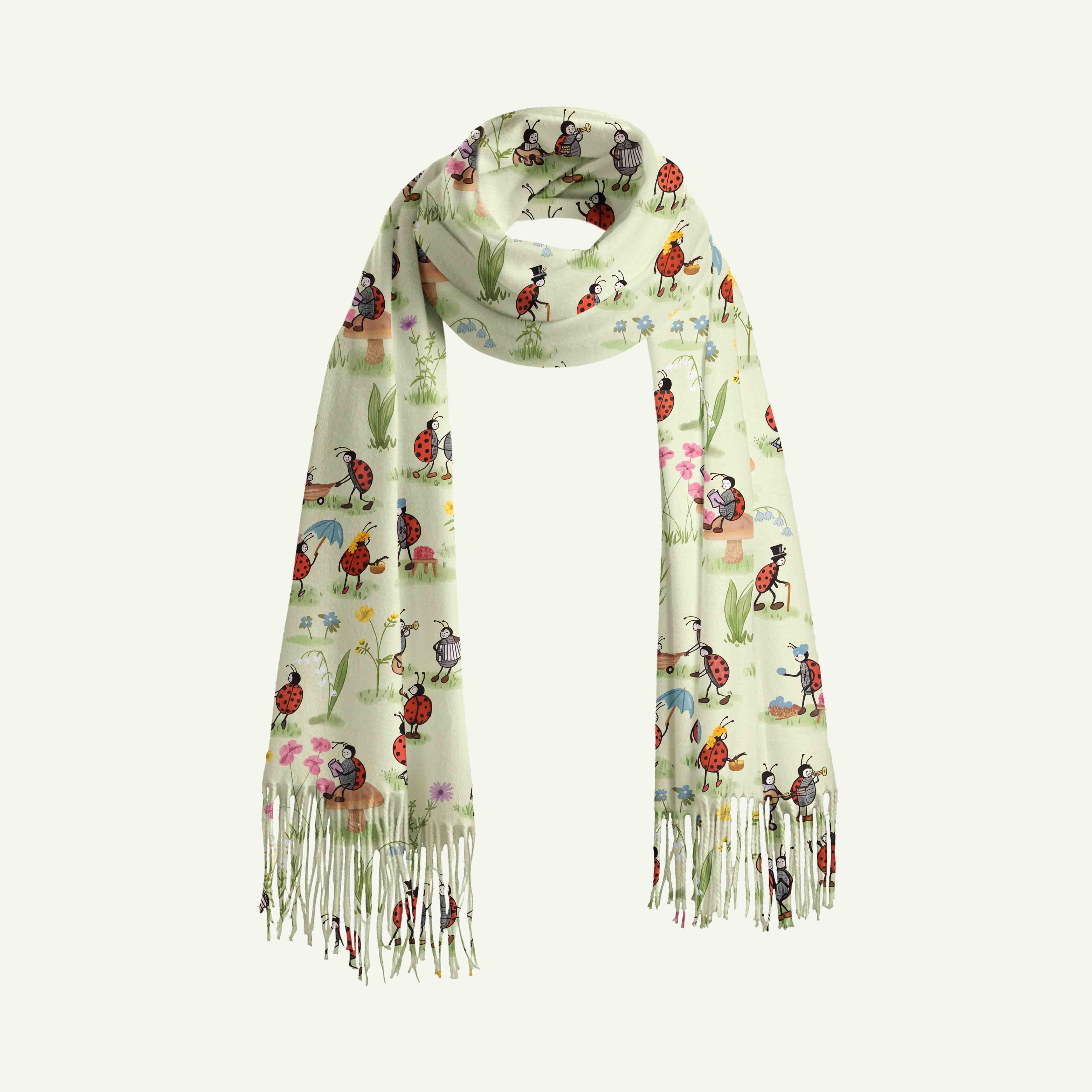 Ladybug and Flower Long Cashmere Scarf with Tassels