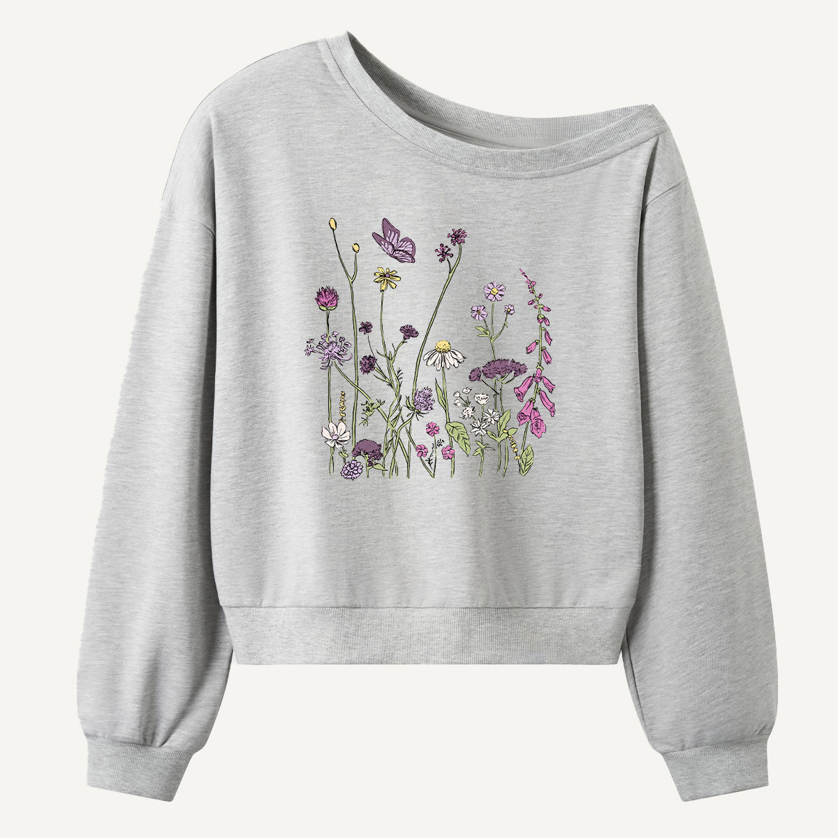 Wildflower Meadow Botanical Sketch Women Off Shoulder Sweatshirt