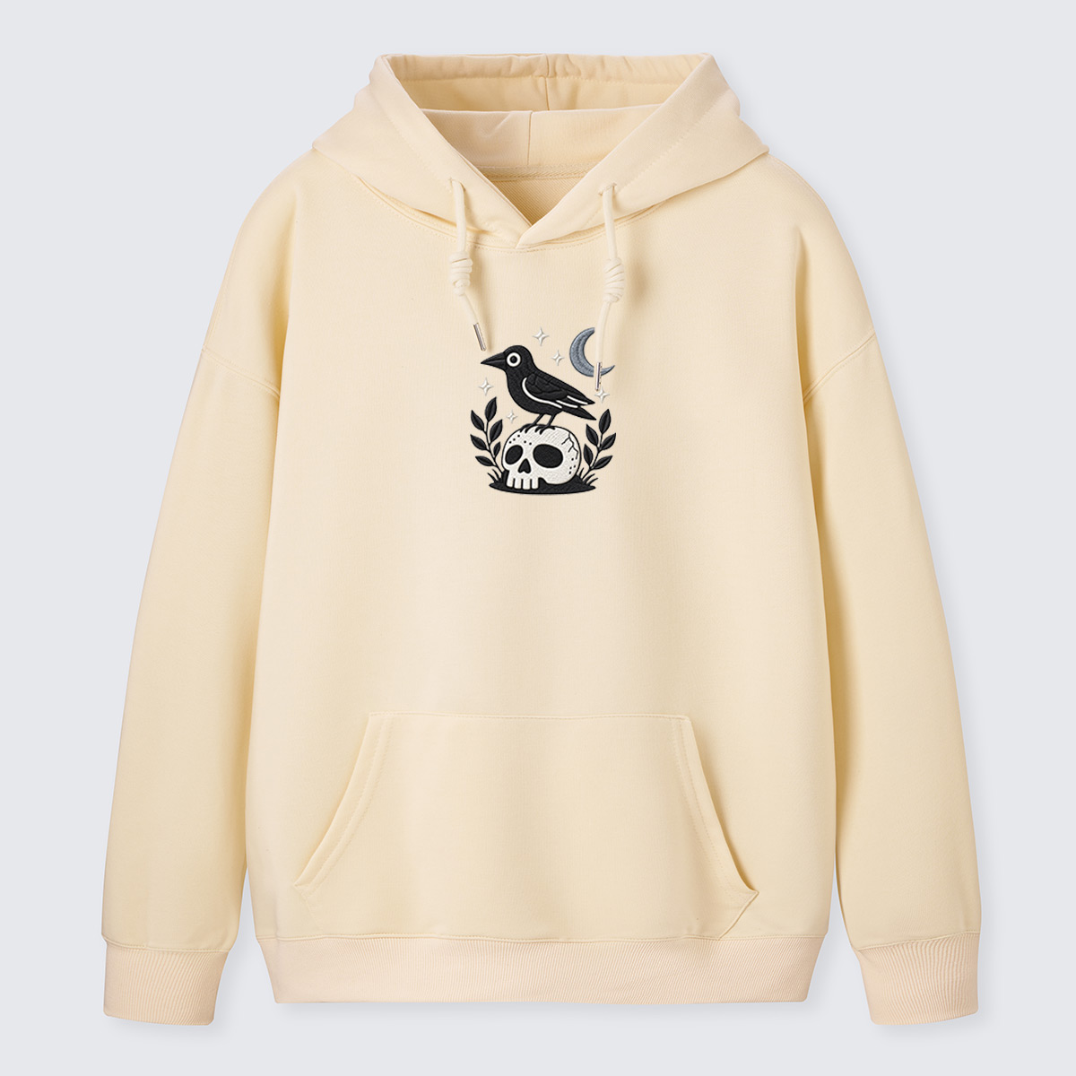 Moon Raven Floral Emblem Embroidered Cotton Hoodie