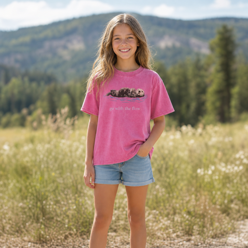 Go With The Flow Sea Otter Wildlife Nature Kids Washed T-Shirt