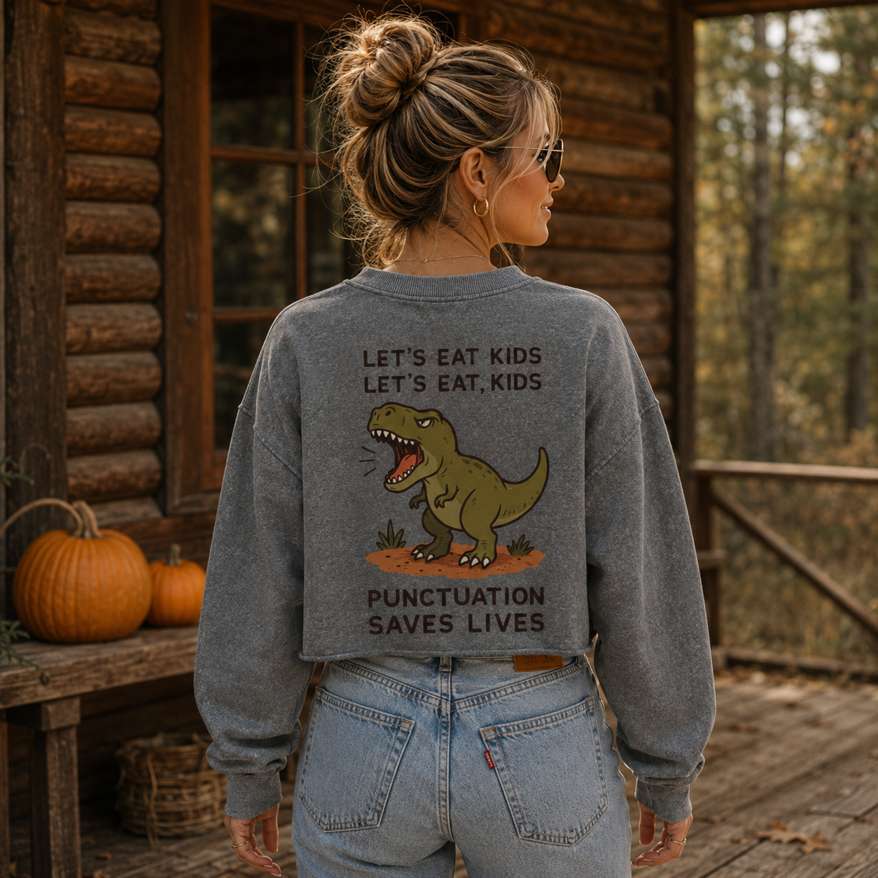 Lets Eat Kids Punctuation Saves Lives Dinosaur Women's Washed Cropped Sweatshirt
