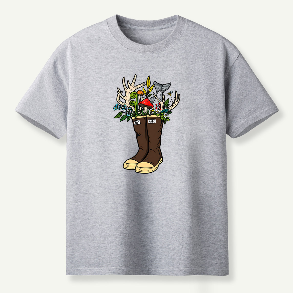 Wild Boots Antlers Mushroom Forest Botanical Arrangement T-Shirt