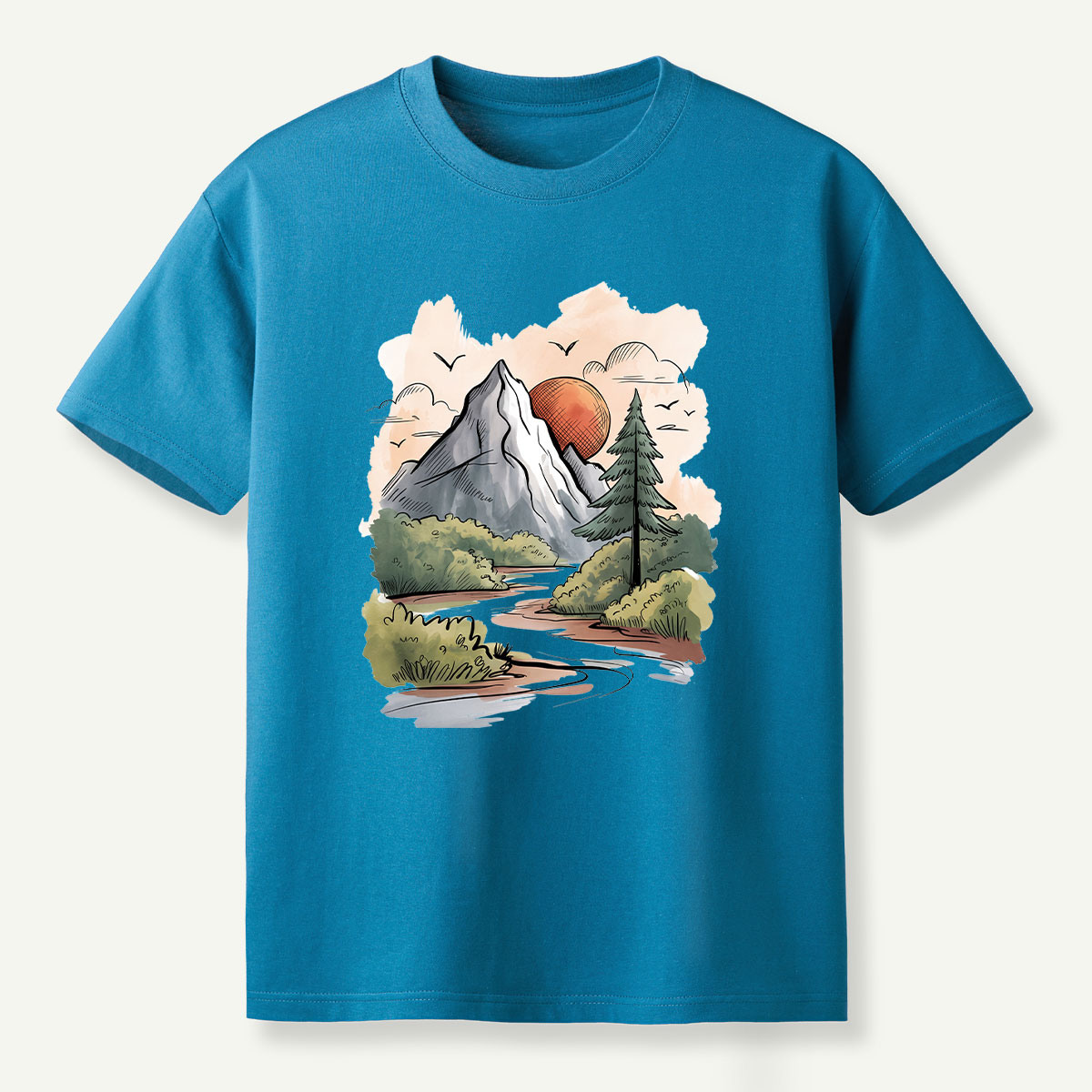 Mountain River Sunset Watercolor Landscape T-Shirt