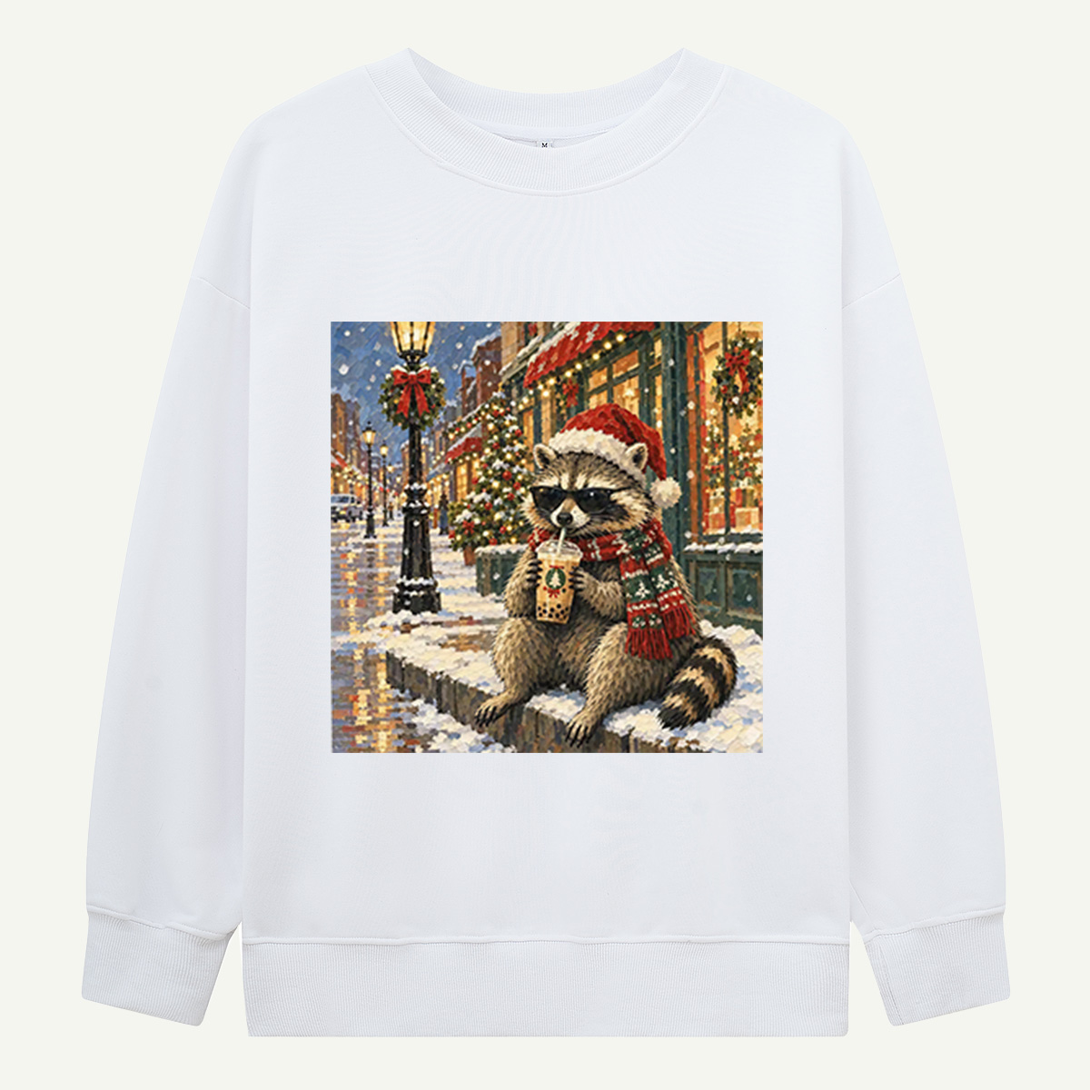 Cool Christmas Raccoon Drinking Boba On A Snowy Street Sweatshirts