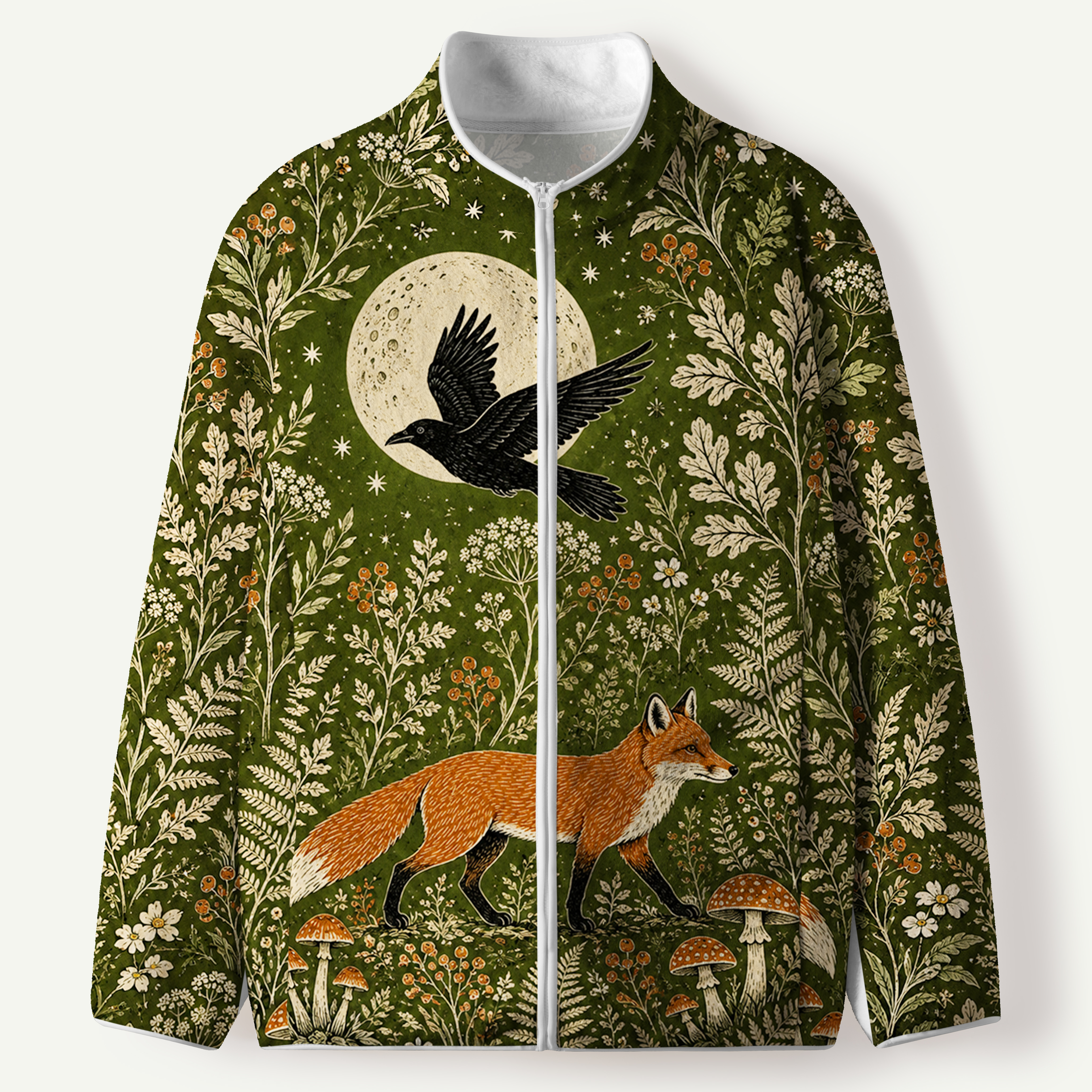 Fox In Woodland With Moon Bird Men's Flannel Zip Front Cardigan