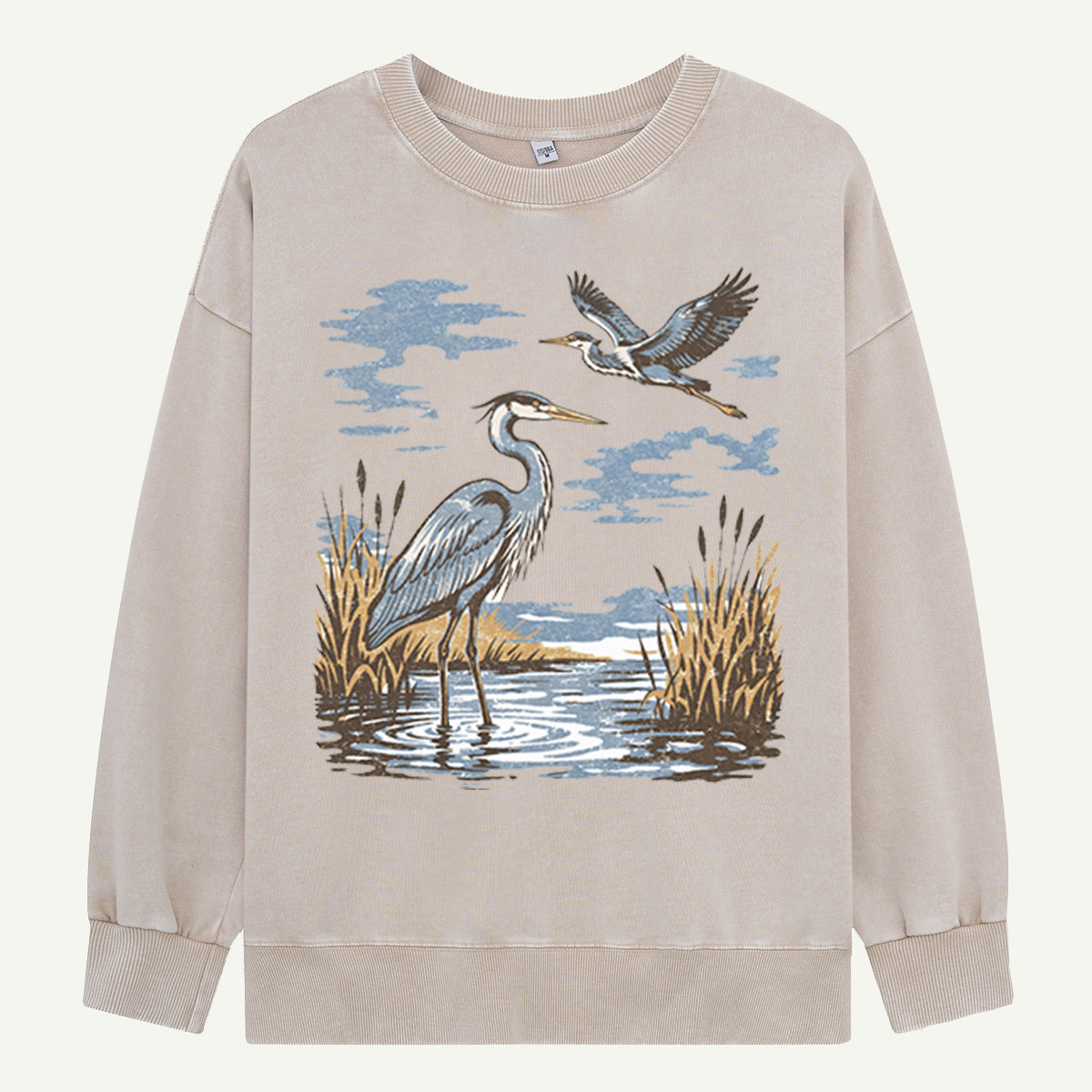 Vintage Heron Wetland Bird Nature Washed Sweatshirts