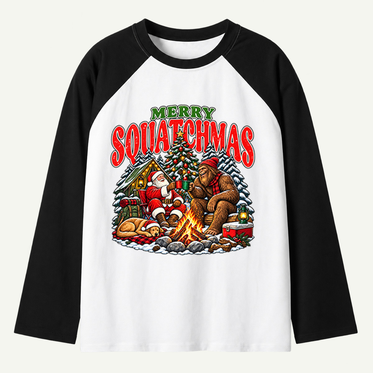 Merry Squatchmas Santa And Bigfoot Campfire Celebration Raglan Long Sleeves