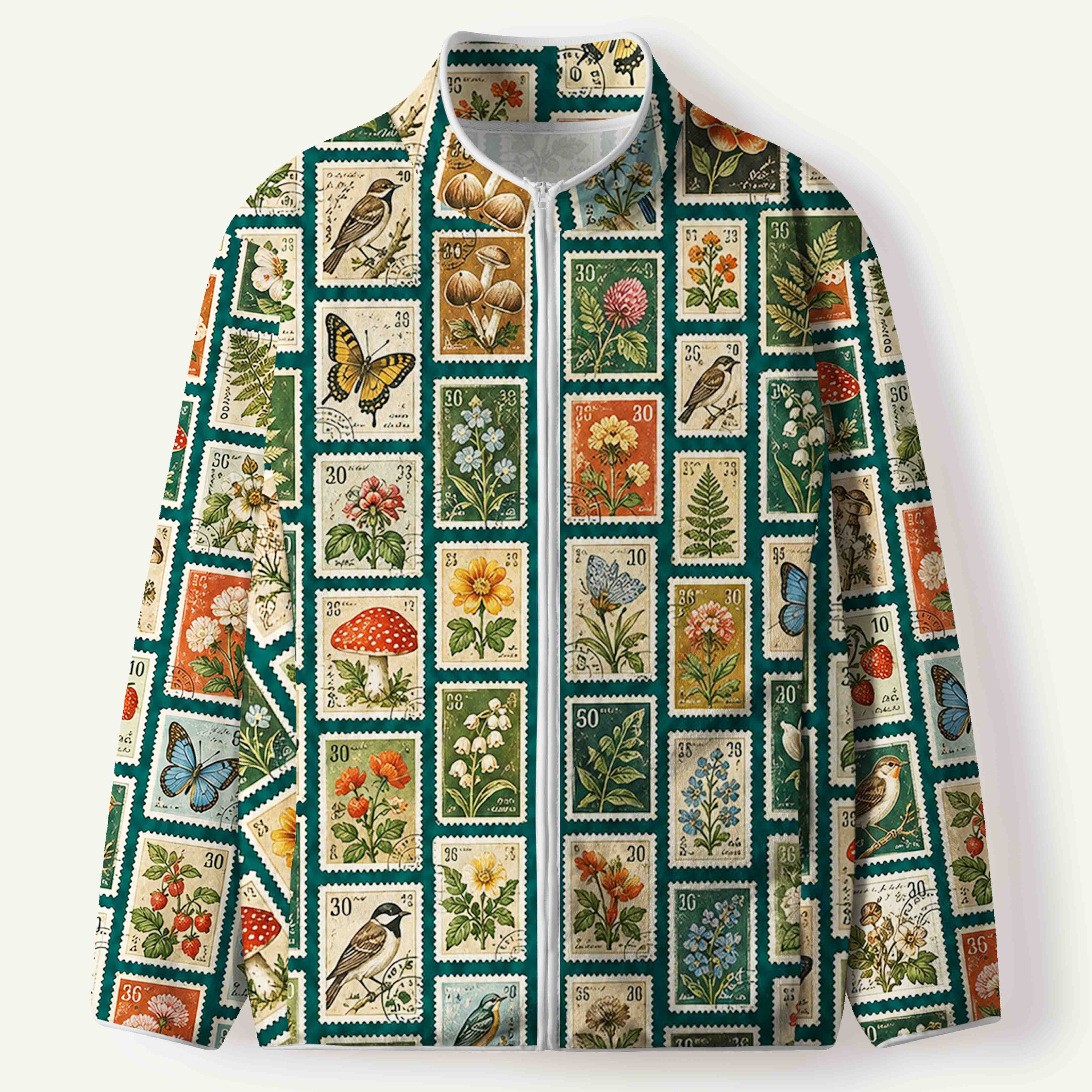 Vintage Nature Postage Stamps Birds Flowers Mushrooms And Butterfly Women's Flannel Zip Front Cardigan
