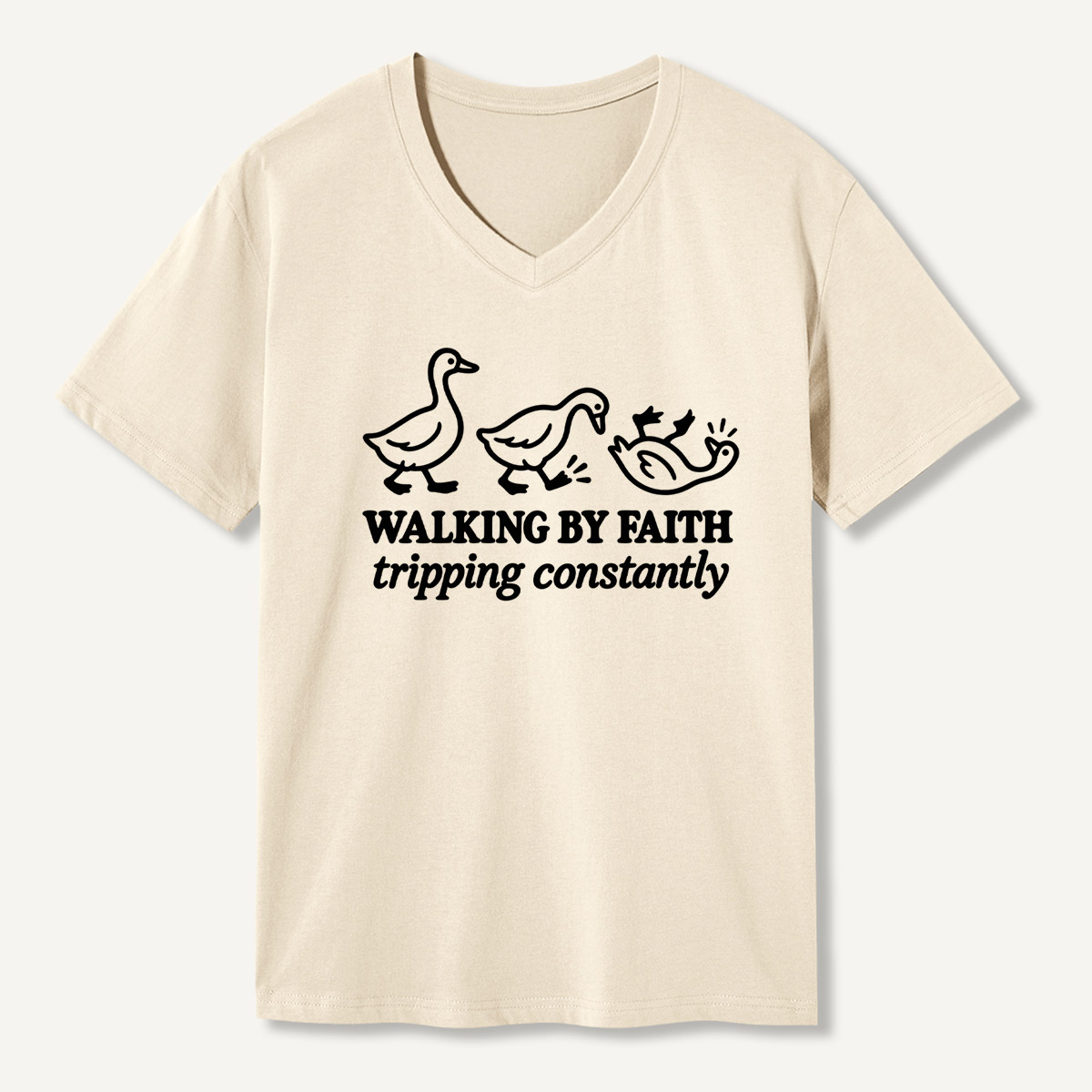 Walking By Faith Tripping Constantly Funny Duck V-neck T-Shirt