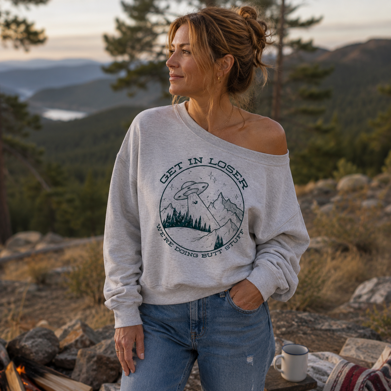 Get In Loser Were Going Hiking Women Off Shoulder Sweatshirt