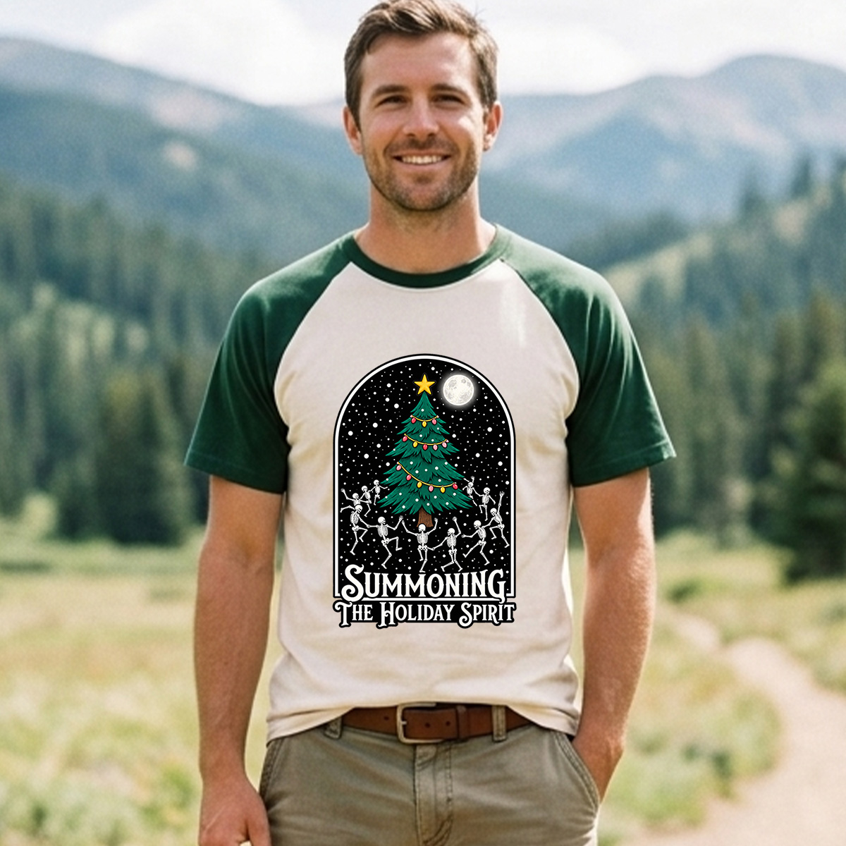 Summoning The Holiday Spirit Skeleton Dance Raglan T-Shirt