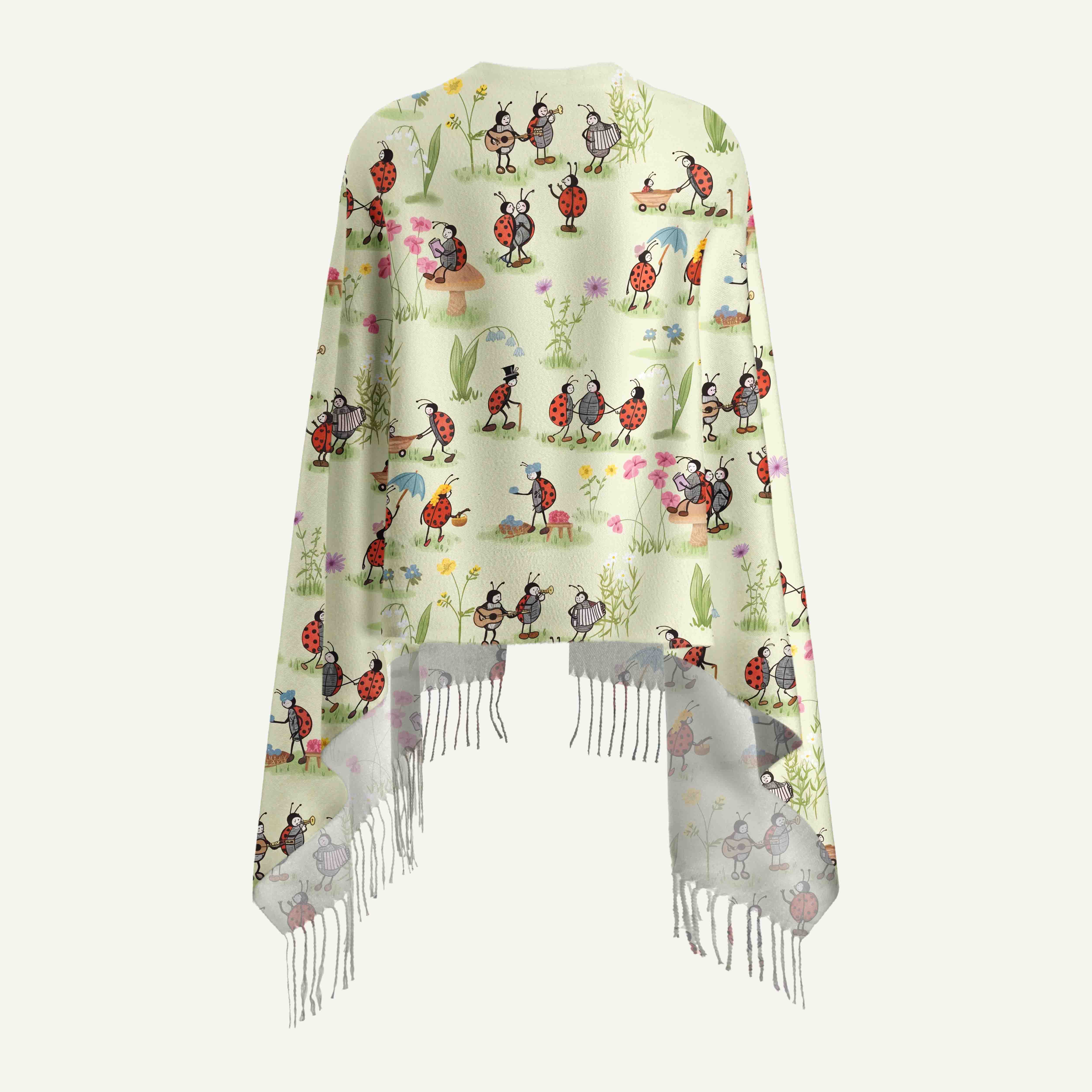 Ladybug and Flower Long Cashmere Scarf with Tassels