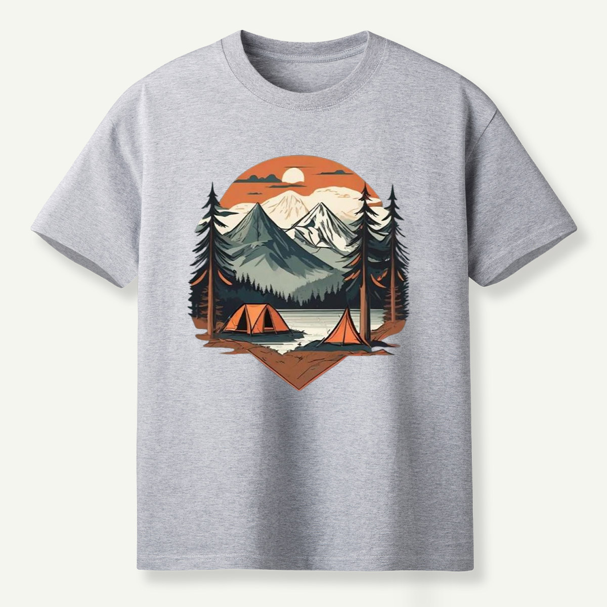 Sunset Mountain Lake Pine Forest Camping T-Shirt