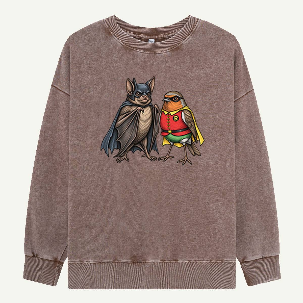 Superhero Bat And Sidekick Bird Duo Illustration Washed Sweatshirts