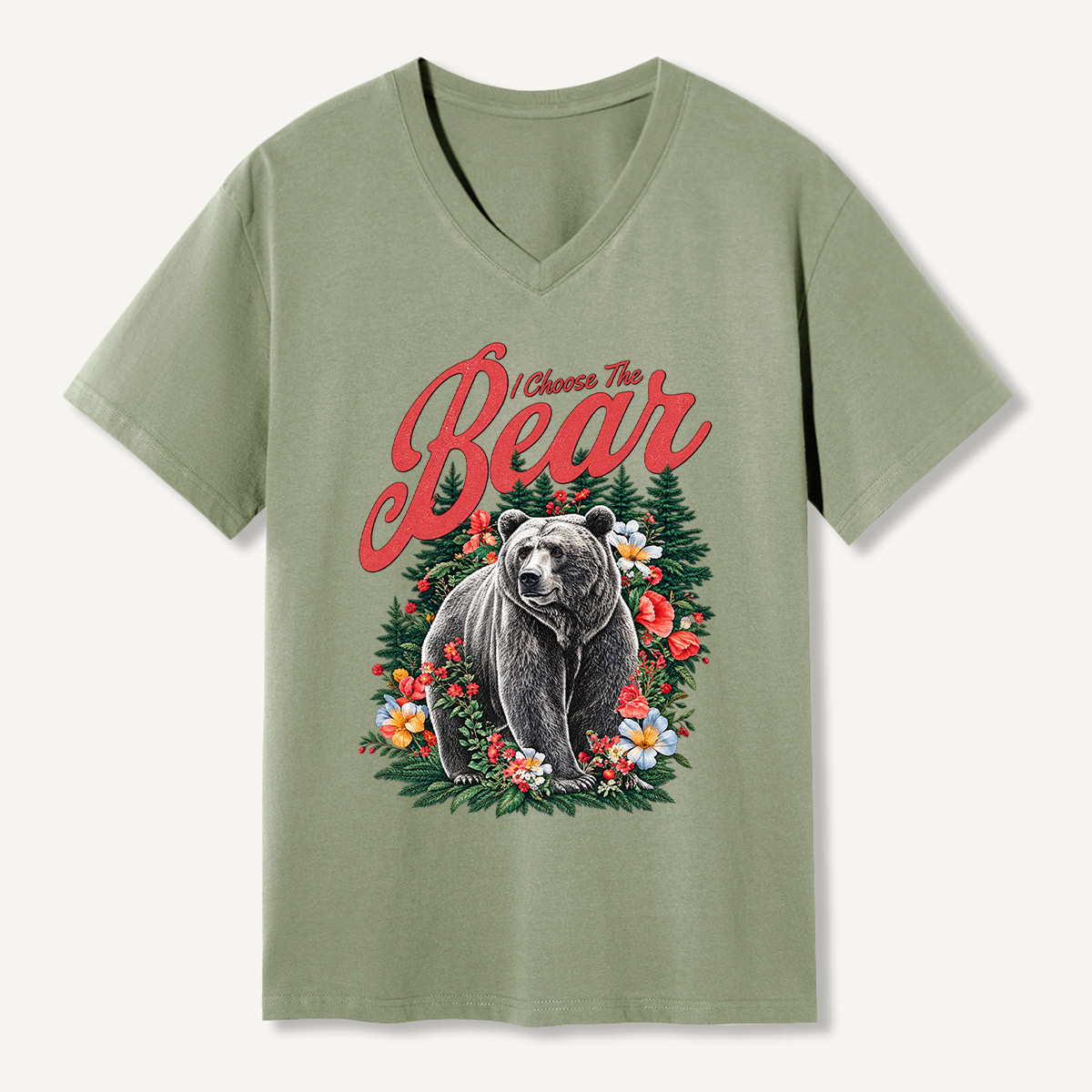 Choose The Bear Floral Brown Bear Illustration V-neck T-Shirt