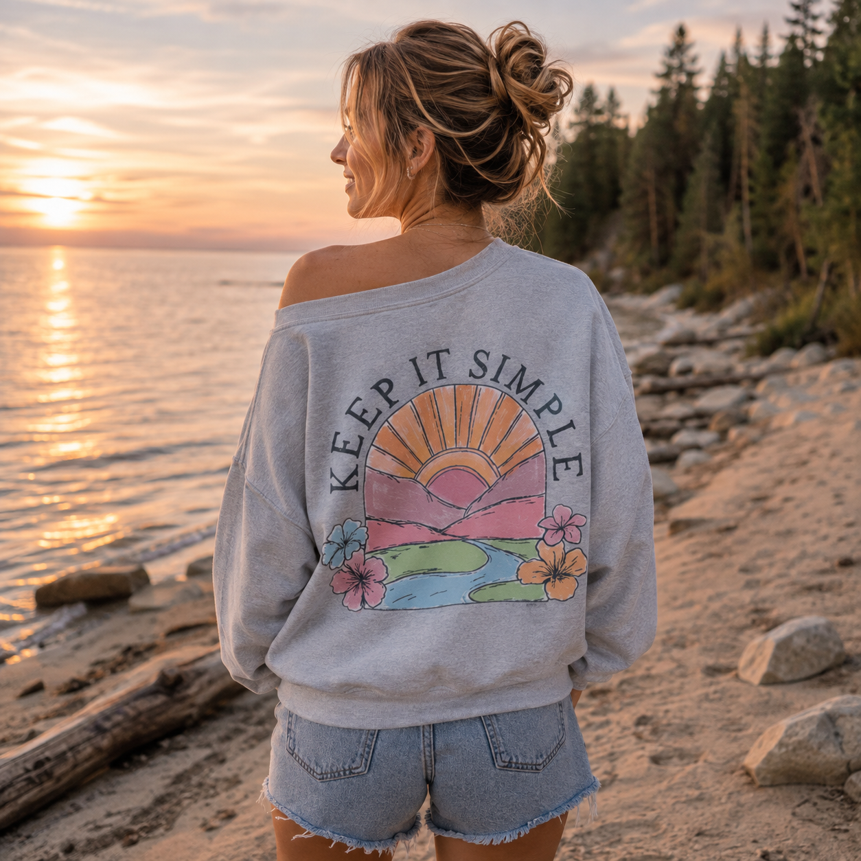 Keep It Simple Retro Sunrise Women Off Shoulder Sweatshirt