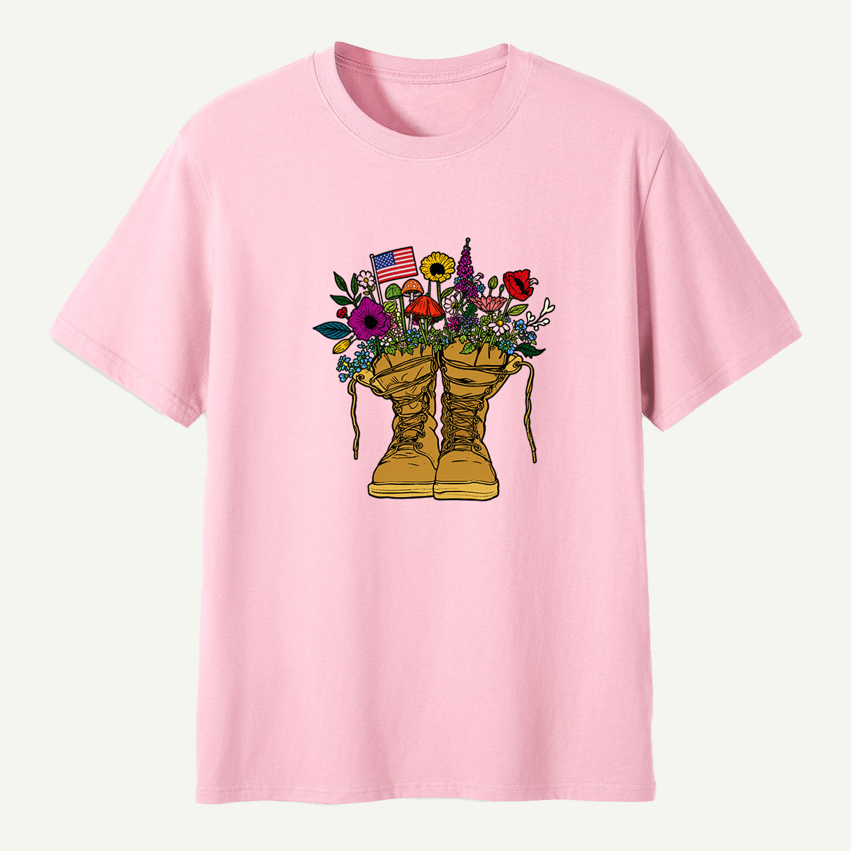 American Flag Combat Boots Wildflower Mushroom Garden T-Shirt