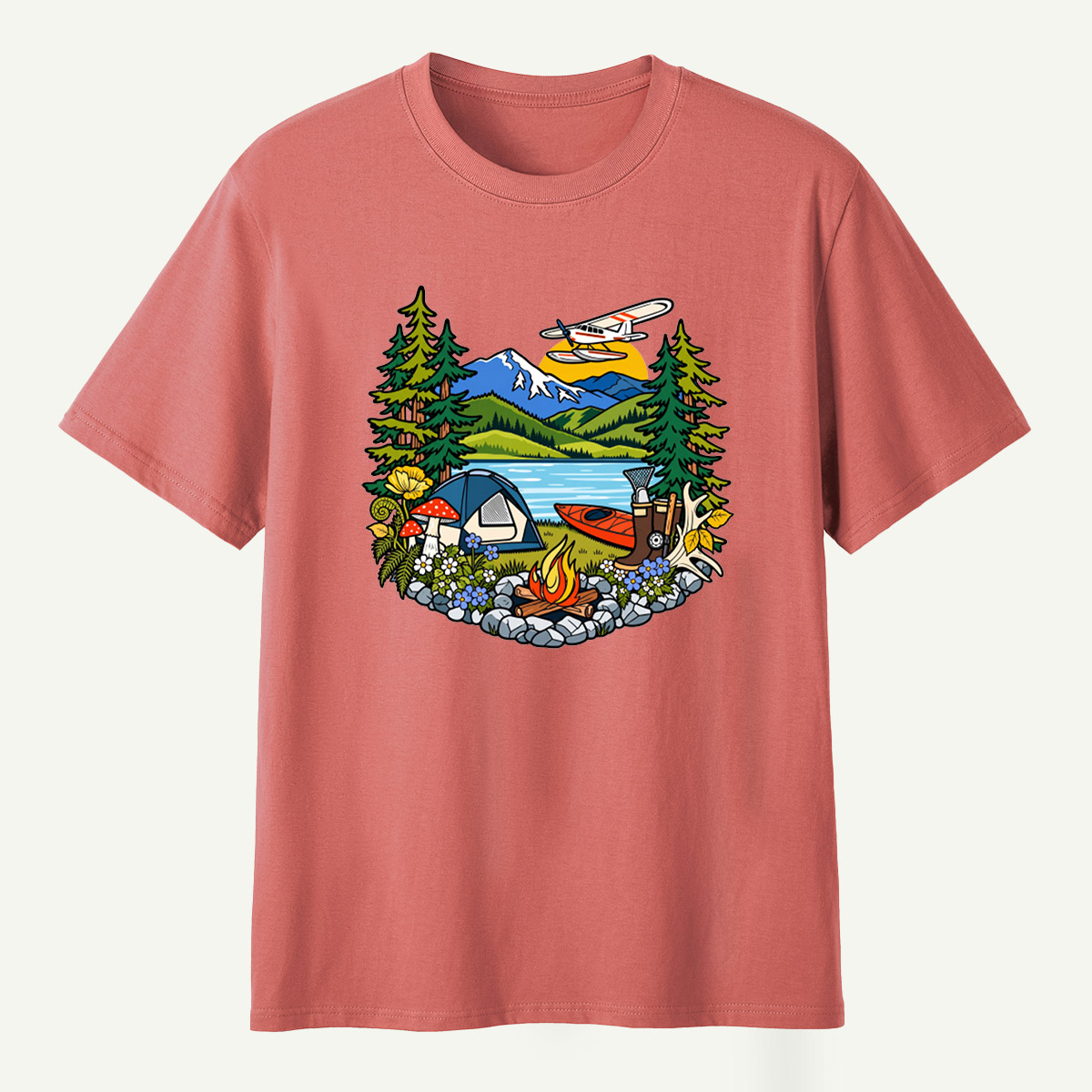 Lake Camping Kayak Seaplane Wilderness Scene T-Shirt