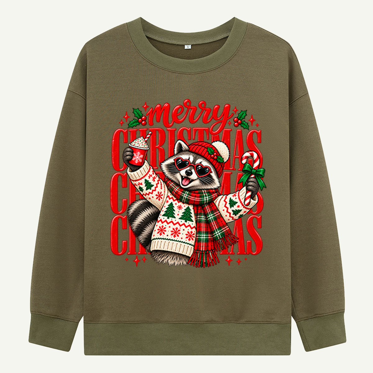 Merry Christmas Raccoon In Heart Sunglasses And Cozy Sweater Sweatshirts