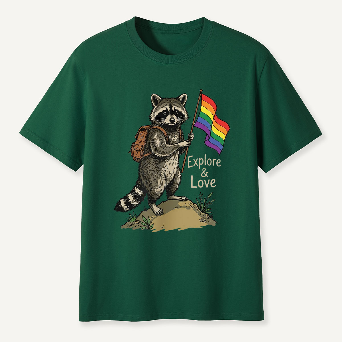 Raccoon Holding Rainbow Flag Explore and Love T-Shirt
