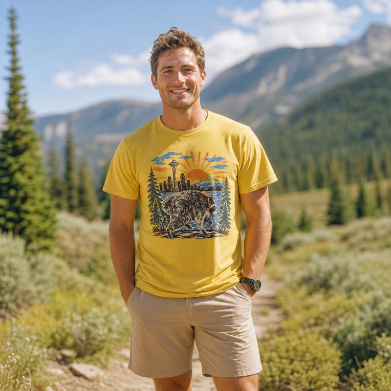 Jimothy Seattle Skyline Sunset Raccoon T-Shirt