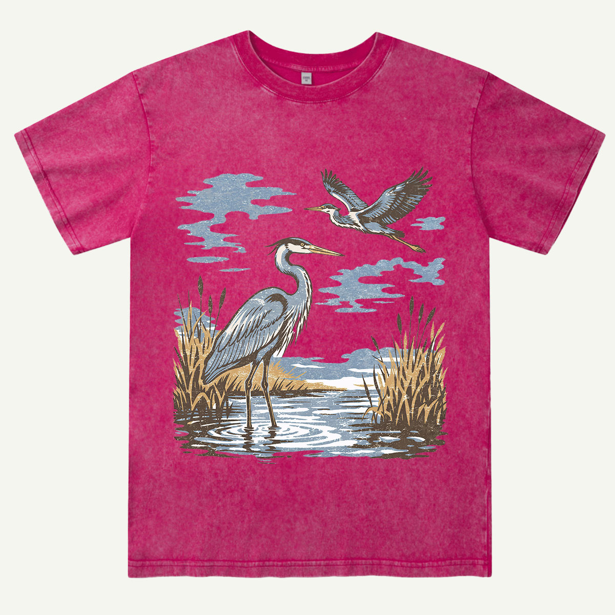 Vintage Heron Wetland Bird Nature Washed T-Shirt