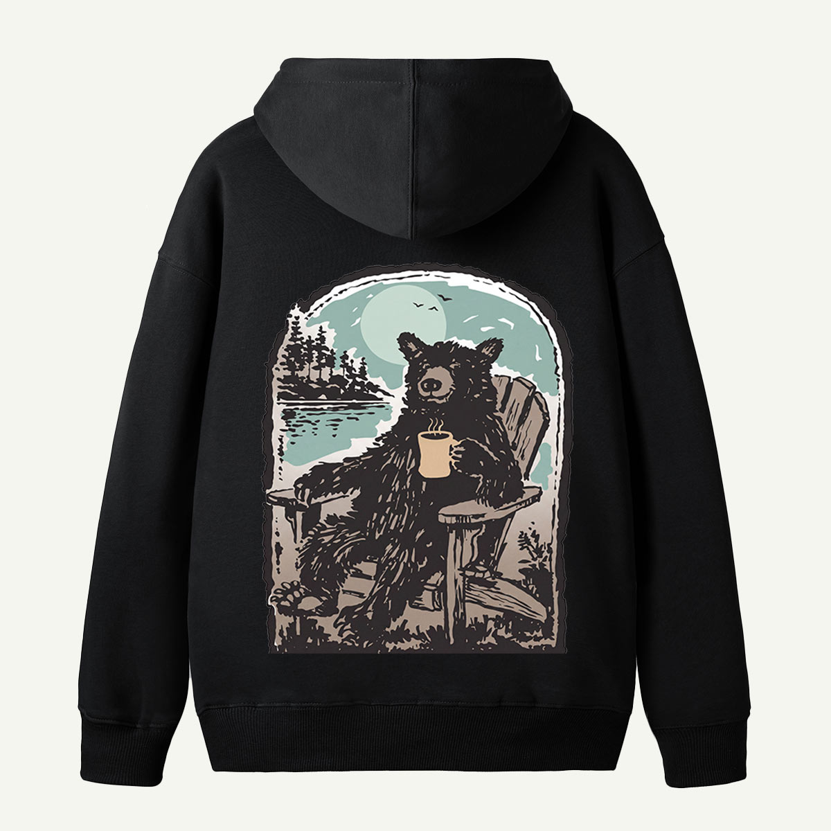 Relaxing Black Bear by the Lake Back Printed Hoodie