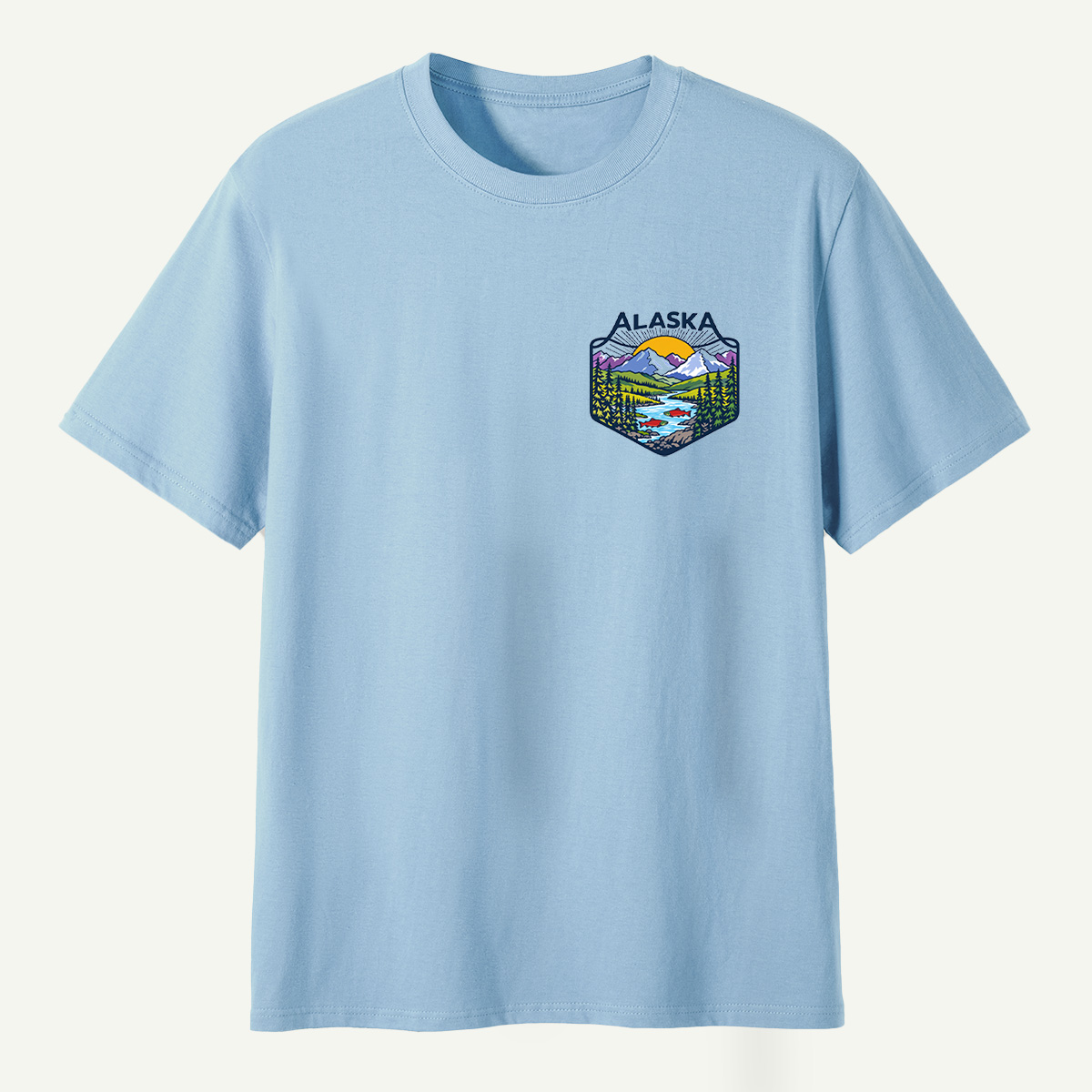 Alaska Mountain River Salmon Wilderness Badge T-Shirt