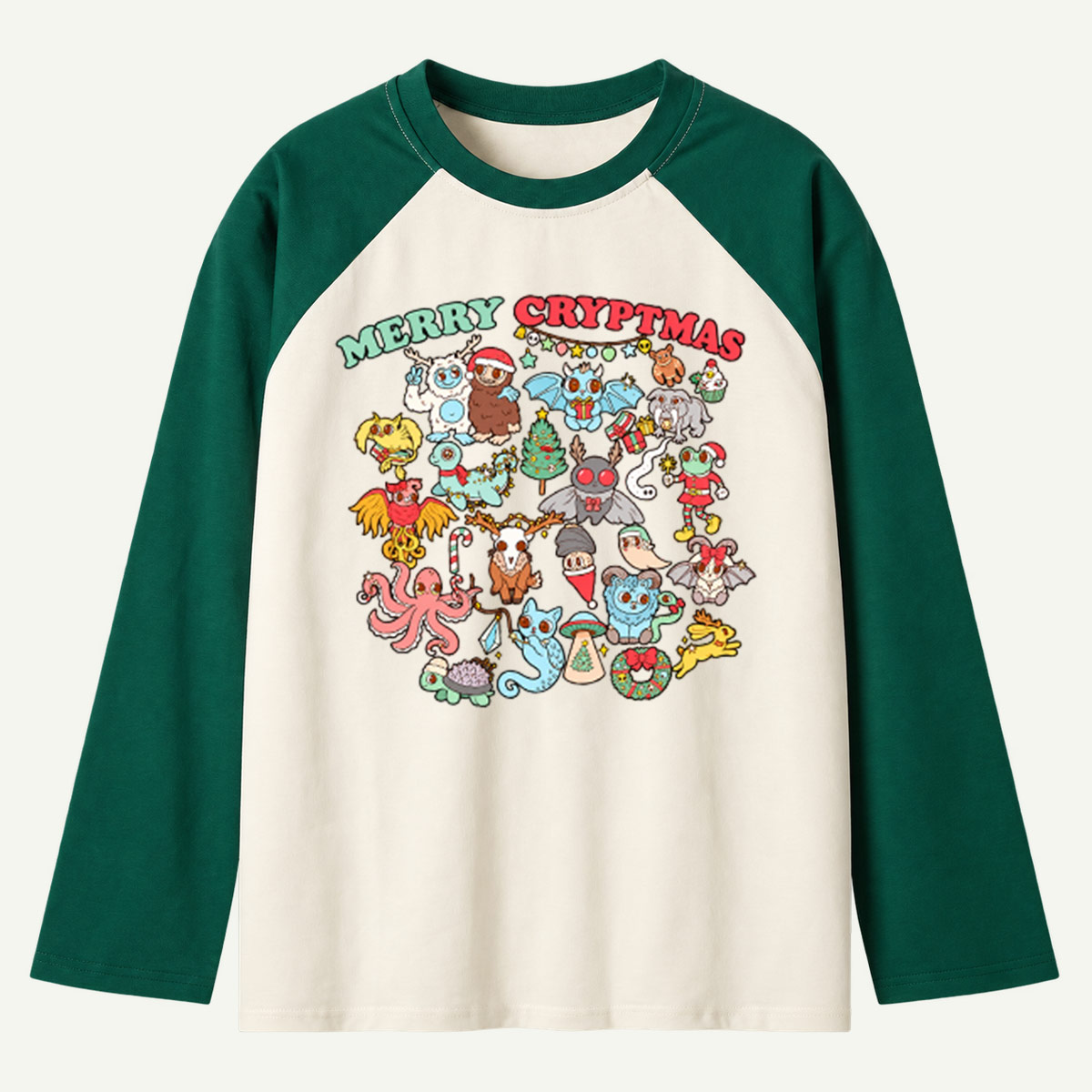 Merry Cryptmas Cute Cryptid Christmas Characters Raglan Long Sleeves