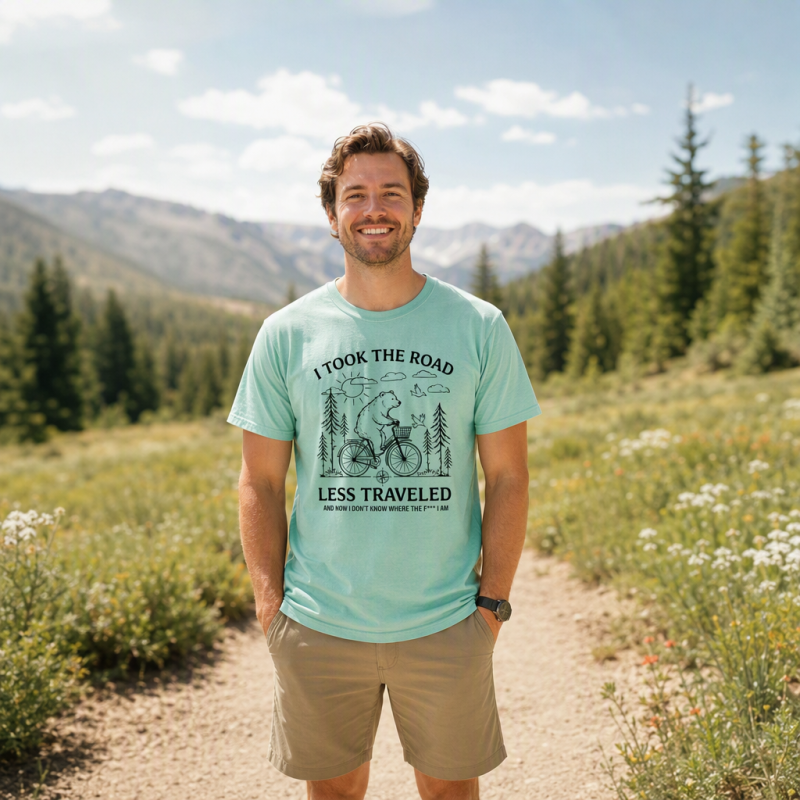 Bear Road Less Traveled Cycling Humor T-Shirt