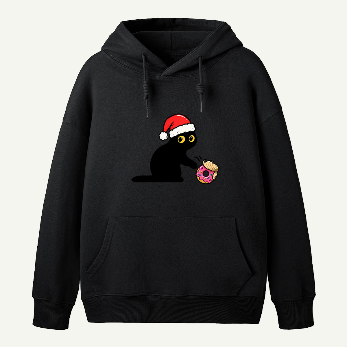 Mischievous Black Cat In Santa Hat Playing With Pink Donut Hoodie