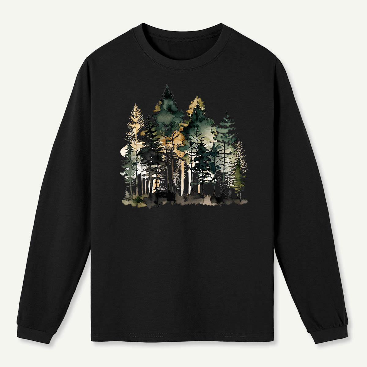 Watercolor Pine Forest Landscape Long Sleeve T-Shirt