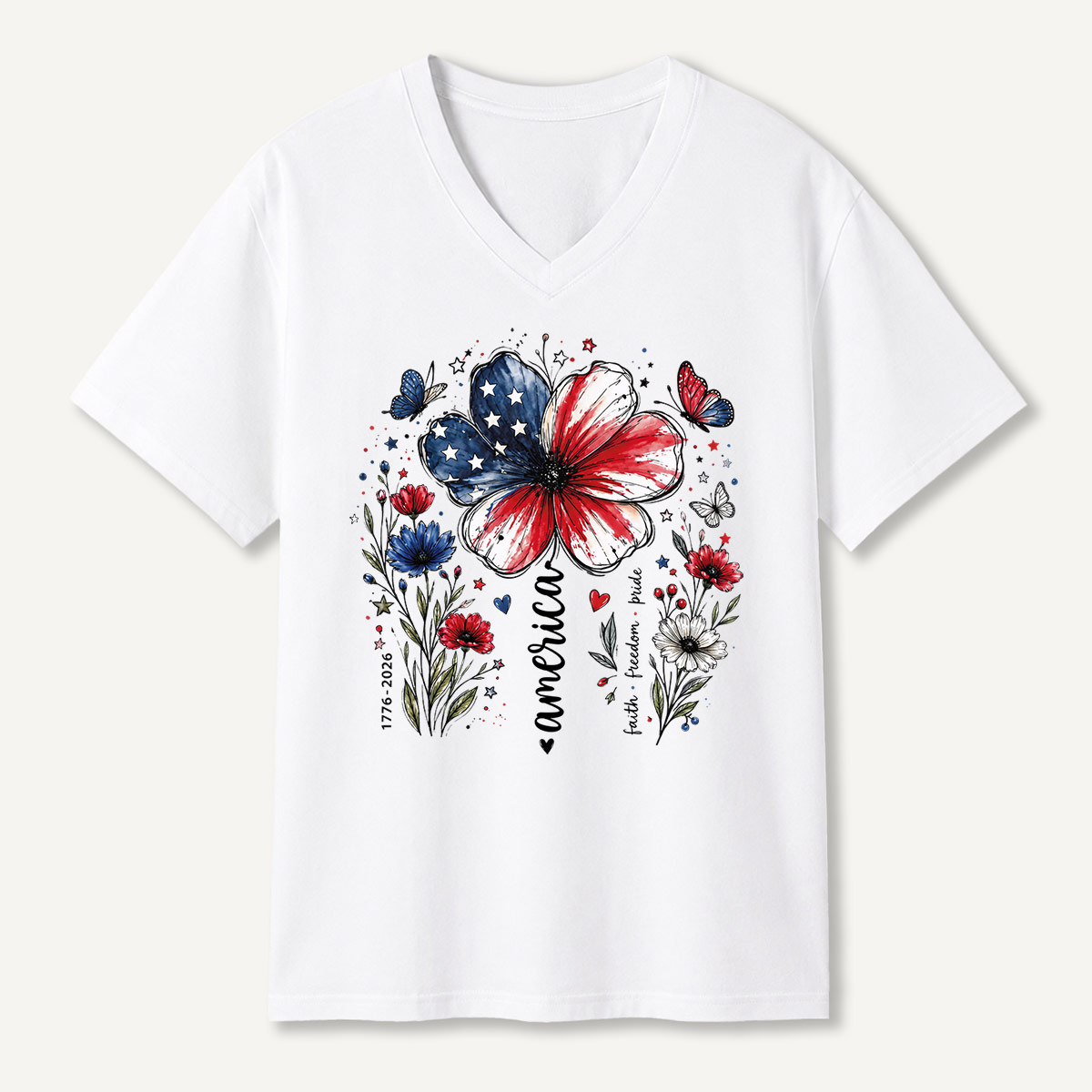 USA 250th Anniversary Floral V-neck T-Shirt
