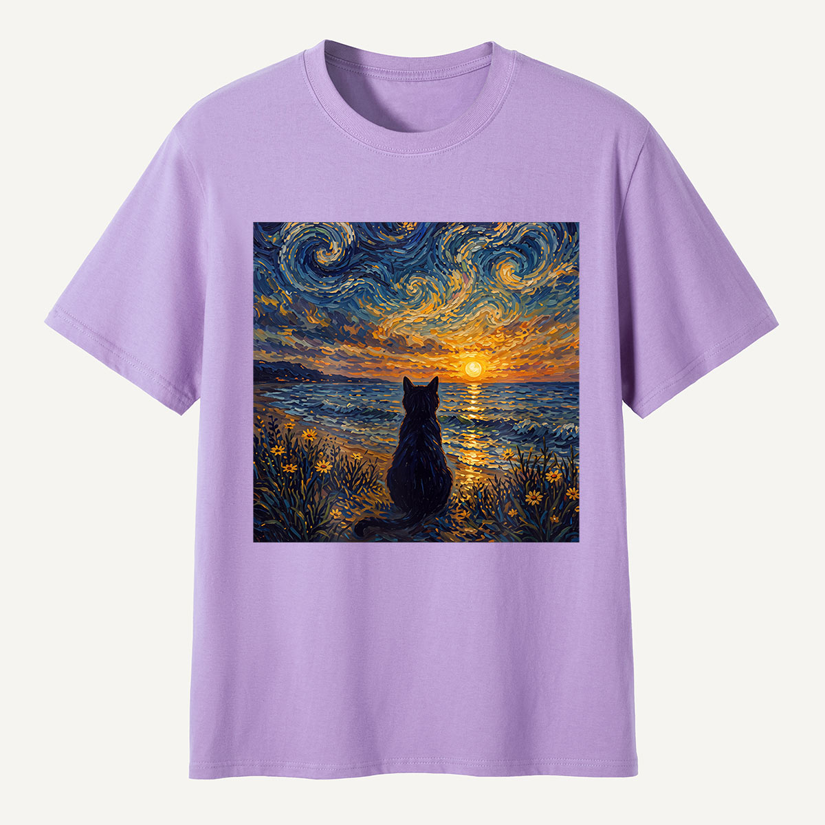 Starry Night Sunset Cat Seaside T-Shirt