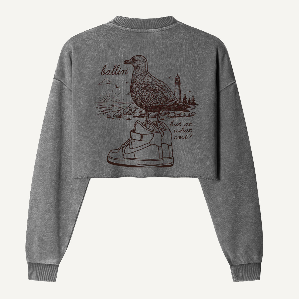 Seagull On A Sneaker Vintage Sketch Women's Washed Cropped Sweatshirt