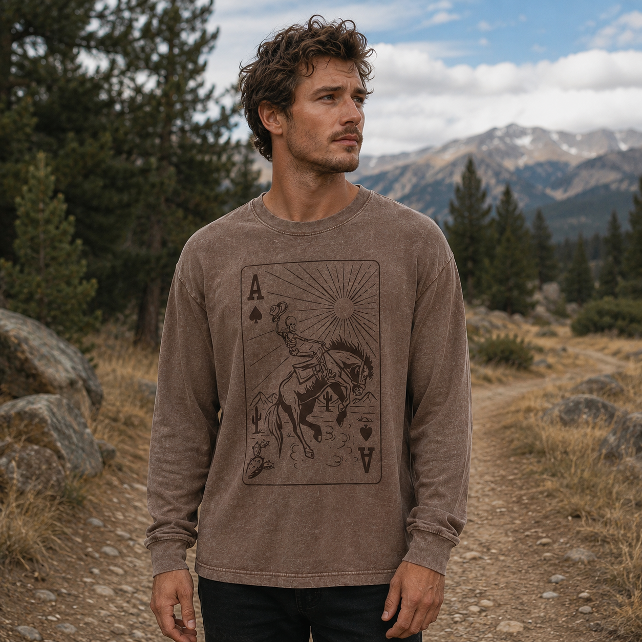Ace of Spades Skeleton Cowboy Washed Long Sleeves