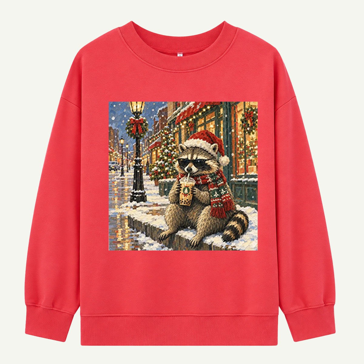 Cool Christmas Raccoon Drinking Boba On A Snowy Street Sweatshirts