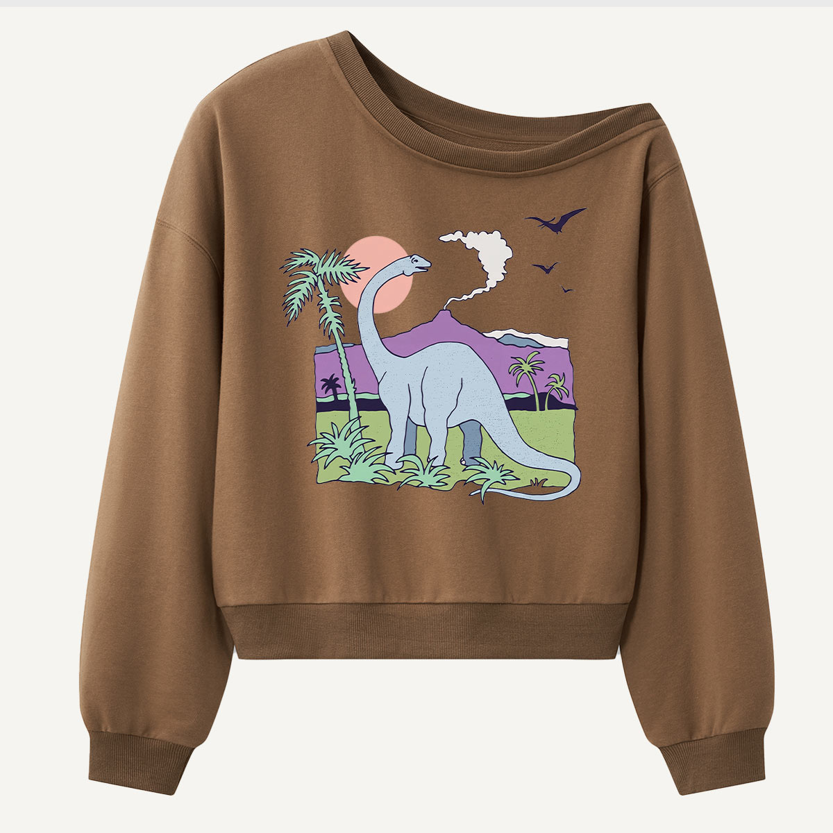Retro Sauropod Tropical Sunset Women Off Shoulder Sweatshirt