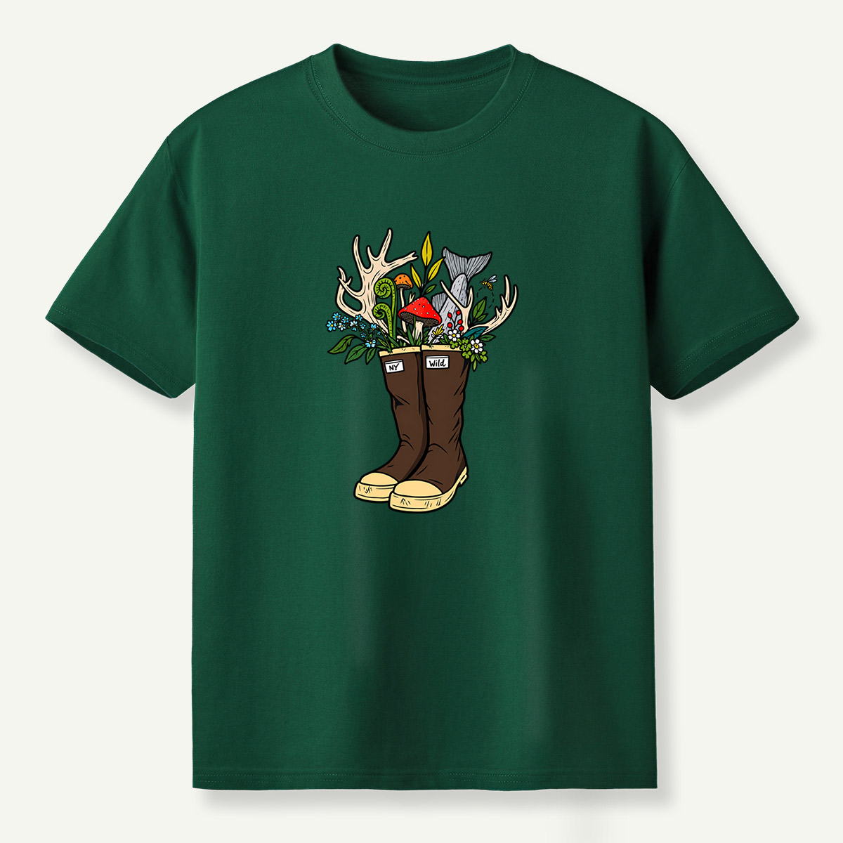 Wild Boots Antlers Mushroom Forest Botanical Arrangement T-Shirt