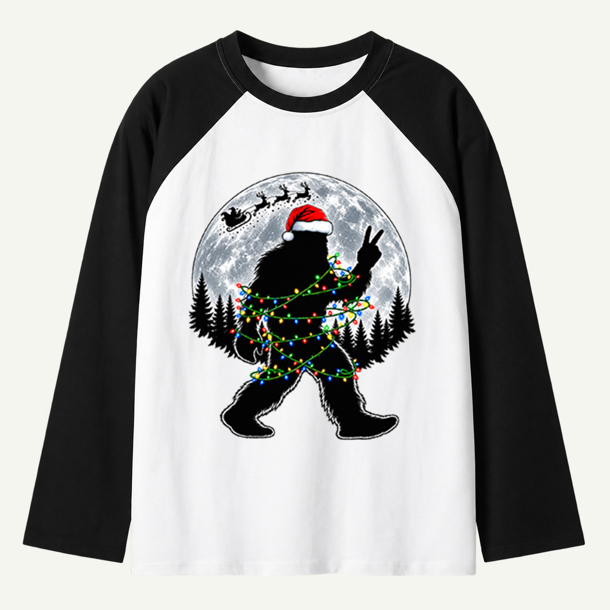 Christmas Bigfoot Peace Sign Under The Full Moon Raglan Long Sleeves