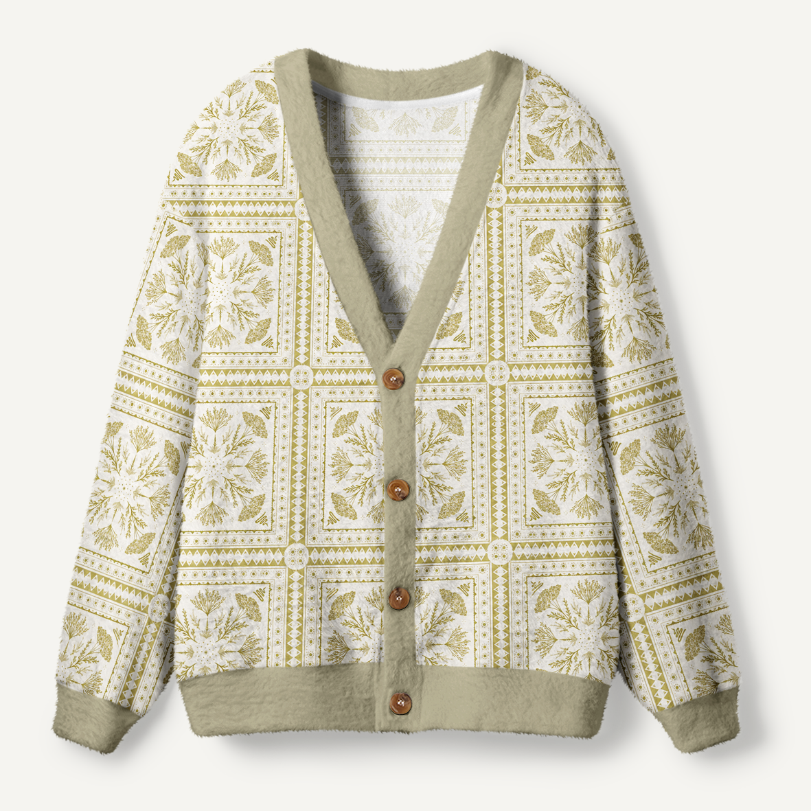 Vintage Olive Green Wildflower Botanical Symmetry Ugly Cardigan Sweaters