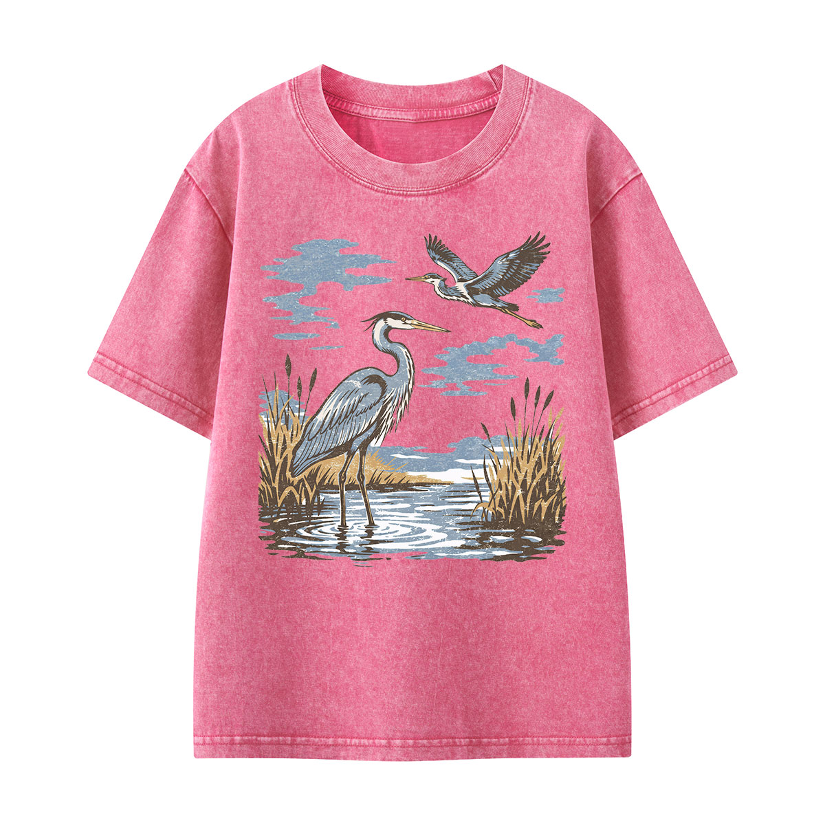 Vintage Heron Wetland Bird Nature Kids Washed T-Shirt