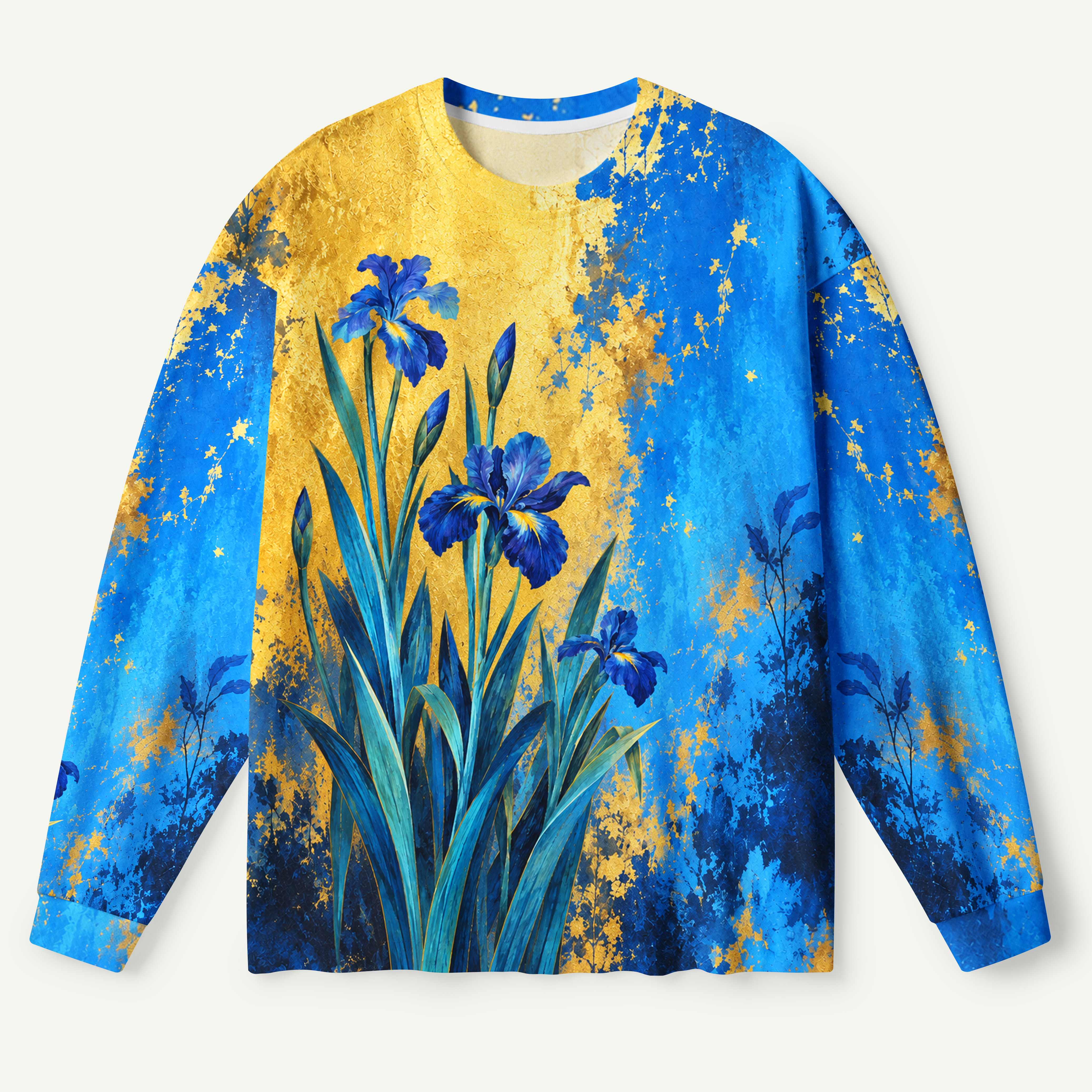 Blue Iris Golden Texture Floral Painting Premium Pure Cotton Long Sleeves