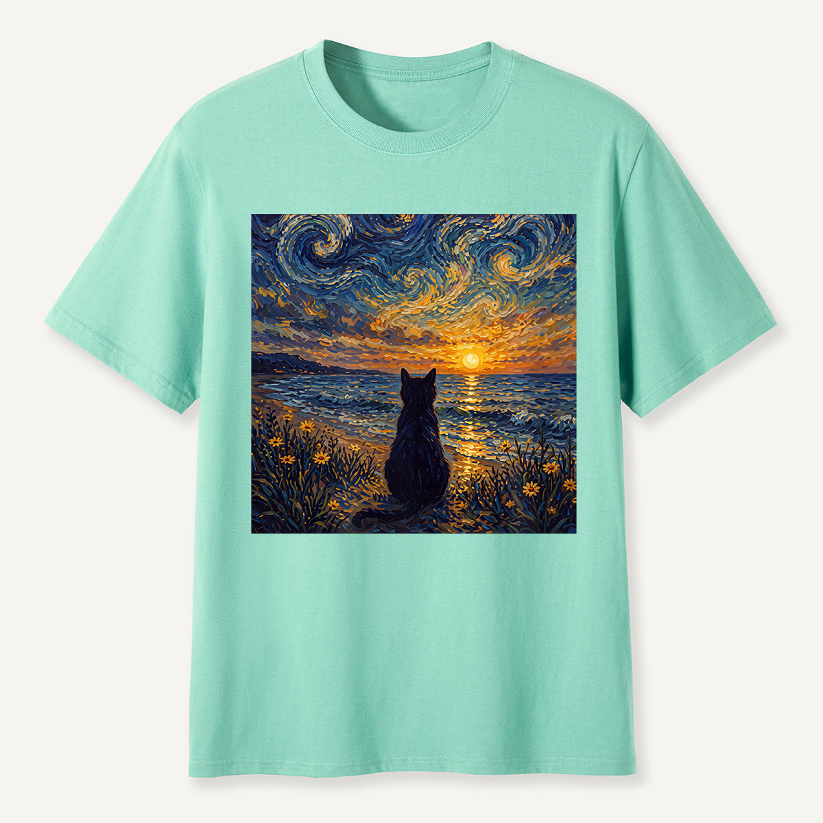 Starry Night Sunset Cat Seaside T-Shirt