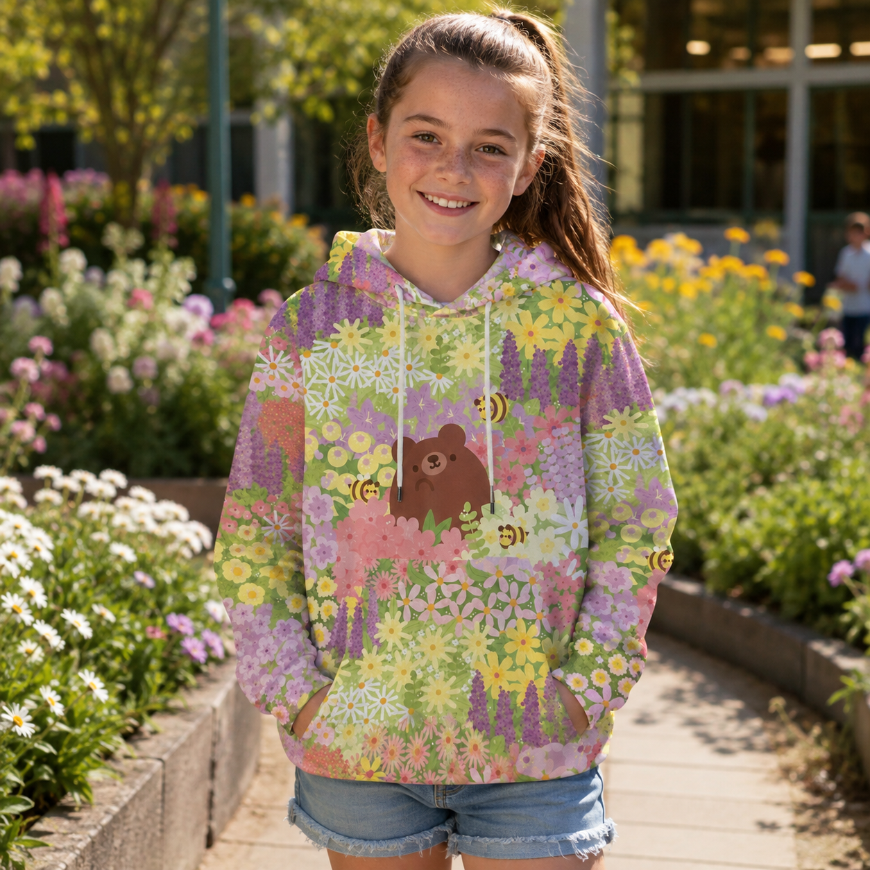 Bear In A Wildflower Meadow Kids All-over Printed Hoodie