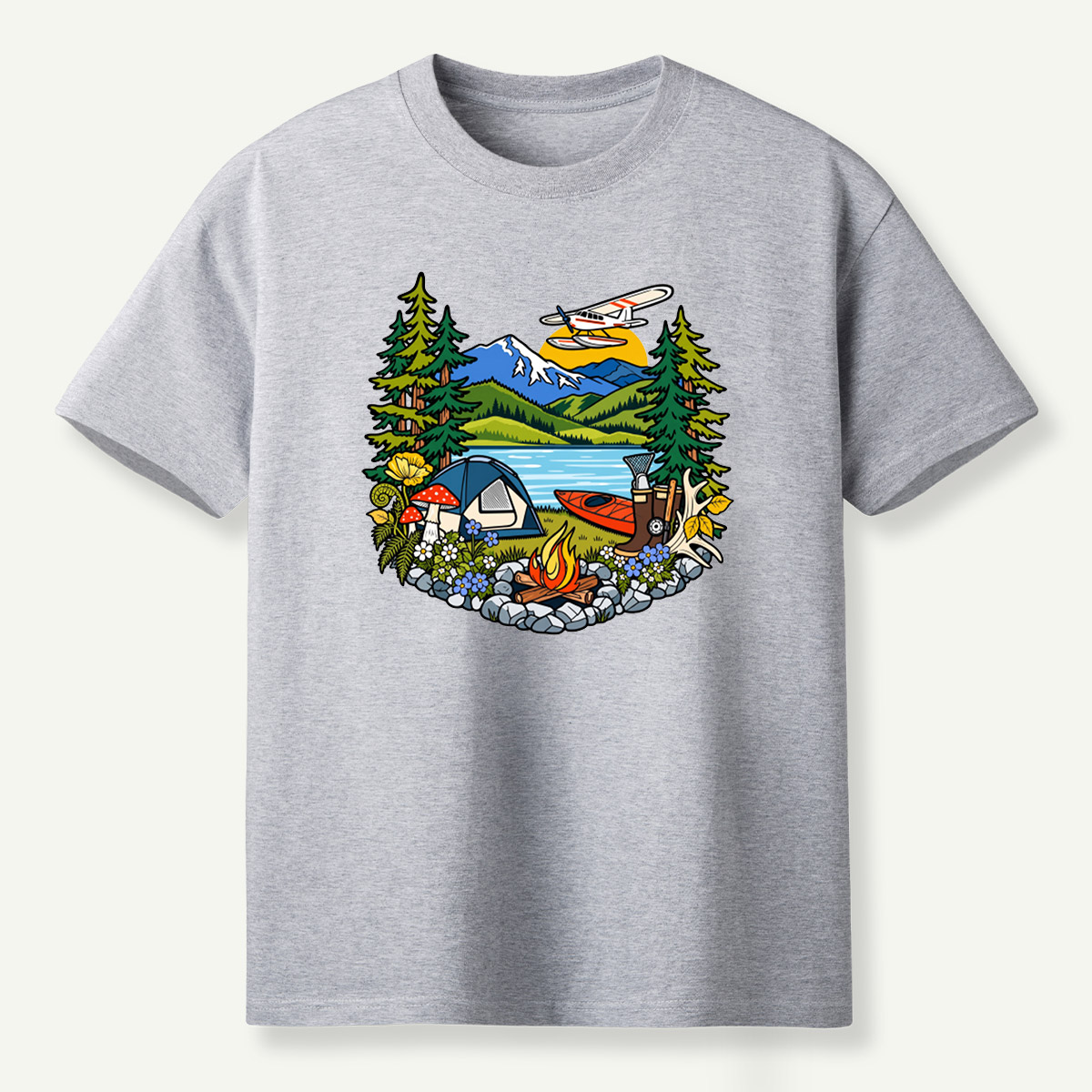 Lake Camping Kayak Seaplane Wilderness Scene T-Shirt
