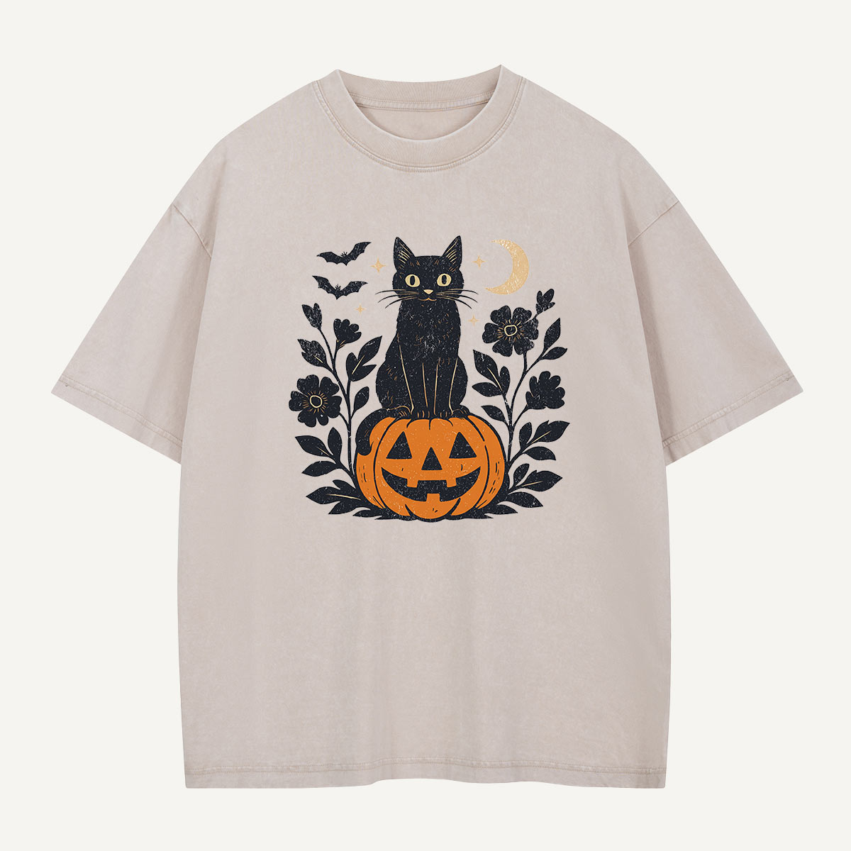 Black Cat on Pumpkin Watch Washed T-Shirt