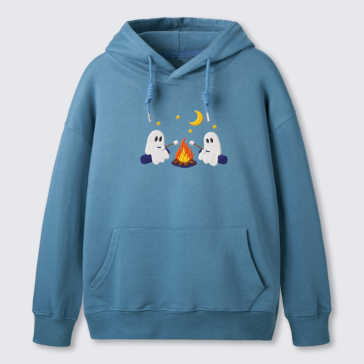Ghost Campfire Under Moon Embroidered Cotton Hoodie